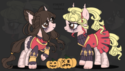 Size: 4896x2784 | Tagged: safe, artist:elberass, derpibooru import, oc, oc only, oc:morrigan shadows, oc:rosemary shadows, earth pony, pony, bone, bowtie, clothes, coat markings, ear fluff, eyeshadow, female, freckles, halloween, holiday, jack-o-lantern, makeup, mare, pumpkin, raised hoof, shirt, siblings, sisters, skirt, sweater