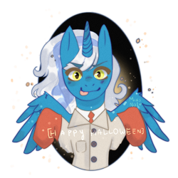 Size: 1280x1280 | Tagged: safe, artist:missno1r, derpibooru import, oc, oc:fleurbelle, alicorn, alicorn oc, clothes, female, gloves, golden eyes, happy halloween, horn, lab coat, looking at you, mare, medic, medical, shirt, simple background, team fortress 2, tongue out, transparent background, wings