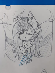 Size: 721x960 | Tagged: safe, artist:silentwolf-oficial, derpibooru import, oc, oc only, pony, unicorn, bust, chest fluff, ear fluff, eyes closed, horn, jewelry, lineart, necklace, signature, smiling, traditional art, unicorn oc