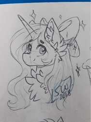 Size: 721x960 | Tagged: safe, artist:silentwolf-oficial, derpibooru import, oc, oc only, pony, unicorn, bow, bust, chest fluff, ear fluff, hair bow, horn, lineart, signature, solo, traditional art, unicorn oc
