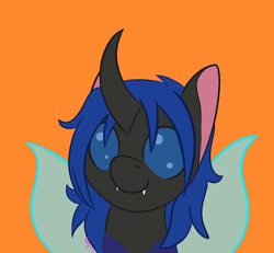 Size: 720x665 | Tagged: safe, artist:inkynotebook, derpibooru import, part of a set, oc, oc only, oc:swift dawn, changeling, changeling queen, blue changeling, blue eyes, changeling oc, changeling queen oc, commission, curved horn, fangs, female, horn, orange background, simple background, smiling, solo, ych result