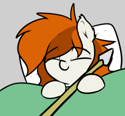 Size: 636x589 | Tagged: safe, artist:neuro, oc, oc only, oc:brave, earth pony, pony, blanket, cute, eyes closed, female, guardsmare, mare, pillow, royal guard, sleeping, solo, spear, weapon