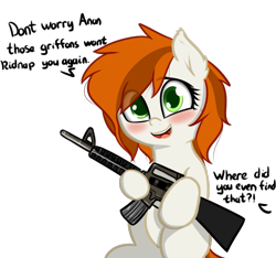Size: 935x874 | Tagged: safe, artist:neuro, oc, oc only, oc:brave, earth pony, pony, blushing, female, guardsmare, gun, implied anon, mare, rifle, royal guard, smiling, solo, text, weapon