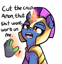 Size: 512x529 | Tagged: safe, artist:neuro, derpibooru import, oc, oc only, oc:anon, human, pony, unicorn, annoyed, armor, boop denied, denied, dialogue, disembodied hand, female, force field, guardsmare, hand, helmet, horn, lidded eyes, magic, mare, offscreen character, open mouth, royal guard, simple background, solo focus, transparent background, vulgar, white background