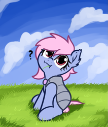 Size: 699x821 | Tagged: safe, artist:neuro, oc, oc only, crystal pony, pegasus, pony, :i, armor, crystal guard, crystal guard armor, eating, female, grass, grazing, guardsmare, looking at you, mare, royal guard, sky background, solo, wingless