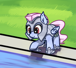 Size: 957x849 | Tagged: safe, artist:neuro, oc, oc only, crystal pony, pegasus, pony, armor, crystal guard, crystal guard armor, cute, female, grass, guardsmare, helmet, mare, poolside, royal guard, smiling, solo, swimming pool, wet, wings
