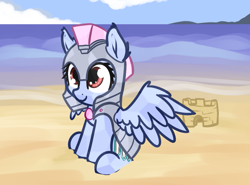 Size: 947x702 | Tagged: safe, artist:neuro, derpibooru import, oc, oc only, crystal pony, pegasus, pony, armor, beach, crystal guard, crystal guard armor, cute, female, guardsmare, helmet, mare, ocean, royal guard, sandcastle, sitting, smiling, solo, spread wings, water, wings