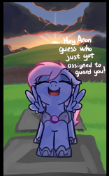 Size: 736x1180 | Tagged: safe, artist:neuro, oc, oc only, crystal pony, pegasus, pony, armor, crystal guard, crystal guard armor, cute, dialogue, eyes closed, female, guardsmare, happy, implied anon, mare, open mouth, royal guard, solo, spread wings, sun, sunrise, wings