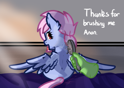 Size: 961x685 | Tagged: safe, artist:neuro, oc, oc only, oc:anon, crystal pony, human, pegasus, pony, bed, blanket, brush, brushie, dialogue, disembodied hand, female, hairbrush, hand, looking back, male, mare, open mouth, sitting, spread wings, tongue out, wings