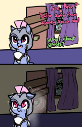 Size: 755x1165 | Tagged: safe, artist:neuro, derpibooru import, oc, oc only, crystal pony, ghost, ghost pony, pegasus, pony, undead, zombie, 2 panel comic, armor, blood, blood moon, boarded door, comic, crystal guard, crystal guard armor, curtains, dialogue, door, ears, female, floppy ears, guardsmare, helmet, implied anon, mare, moon, night, offscreen character, open mouth, pillow armor, royal guard, scared, scrunchy face, shivering, shrunken pupils, sweat, window, wingless