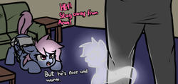 Size: 1288x611 | Tagged: safe, artist:neuro, oc, oc only, oc:anon, crystal pony, ghost, ghost pony, human, pegasus, pony, clothes, dialogue, face down ass up, female, floppy ears, glow, imminent pounce, mare, pillow armor, raised tail, tail