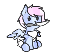 Size: 511x495 | Tagged: safe, artist:neuro, oc, oc only, crystal pony, pegasus, pony, female, knife, mare, mouth hold, pillow armor, simple background, solo, spread wings, transparent background, wings