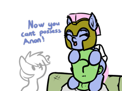Size: 899x670 | Tagged: safe, artist:neuro, oc, oc only, oc:anon, crystal pony, ghost, ghost pony, human, pegasus, pony, dialogue, eyes closed, female, guardsmare, helmet, mare, pillow armor, raspberry, riding on head, royal guard, simple background, sofa, tongue out, transparent background