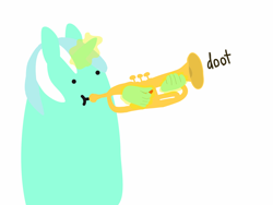 Size: 2048x1536 | Tagged: safe, artist:2merr, lyra heartstrings, pony, unicorn, /mlp/, 4chan, doot, dot eyes, drawn on phone, drawthread, female, glowing horn, guitar pick, hand, horn, magic, magic hands, musical instrument, playing instrument, requested art, simple background, solo, trumpet, white background