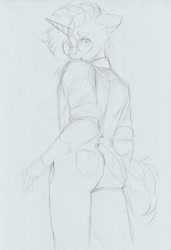 Size: 1110x1626 | Tagged: safe, artist:longinius, derpibooru import, sunburst, anthro, butt, clothes, facial hair, glasses, hand in pocket, looking at you, looking back, male, sketch, solo, traditional art