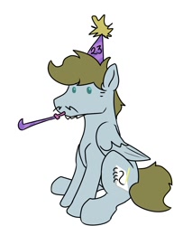 Size: 1700x2000 | Tagged: safe, artist:potes, oc, oc only, oc:sketchy scribbles, pegasus, pony, hat, male, party hat, party horn, simple background, sitting, solo, stallion, white background, wings
