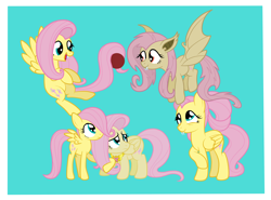 Size: 2726x2022 | Tagged: safe, artist:squipycheetah, derpibooru import, part of a set, fluttershy, bat pony, pegasus, pony, bat ponified, buckball, cute, element of kindness, fangs, female, filly, filly fluttershy, flutterbat, flying, folded wings, happy, hug, mare, multeity, nervous, older, older fluttershy, race swap, raised hoof, self paradox, self ponidox, shy, shyabetes, simple background, smiling, so much flutter, teal background, time paradox, wings, younger, younger fluttershy