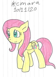 Size: 794x1103 | Tagged: safe, artist:cmara, derpibooru import, fluttershy, pegasus, pony, cute, female, mare, raised hoof, shyabetes, simple background, solo, tail, traditional art, white background, wings