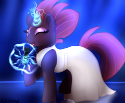 Size: 2777x2304 | Tagged: safe, artist:hollistars, derpibooru import, fizzlepop berrytwist, tempest shadow, pony, unicorn, broken horn, clothes, dress, eurovision song contest, eye scar, eyes closed, female, glowing horn, horn, magic, mare, microphone, scar, signature, singing, solo, sparking horn, tail, telekinesis, white dress