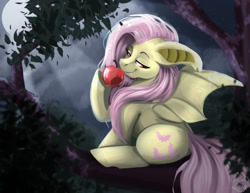 Size: 1155x893 | Tagged: safe, artist:happyfoxxart, derpibooru import, fluttershy, bat pony, apple, bat ponified, fangs, female, floppy ears, flutterbat, food, full moon, hoof hold, lidded eyes, mare, moon, night, race swap, signature, sitting, sitting in a tree, smiling, solo, tail, tree, wings