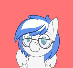 Size: 720x665 | Tagged: safe, artist:inkynotebook, derpibooru import, part of a set, oc, oc only, pegasus, pony, bust, commission, glasses, pegasus oc, signature, simple background, smiling, solo, wings, ych result