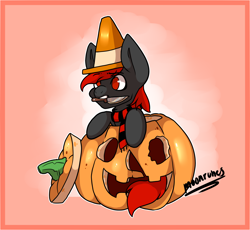 Size: 2518x2318 | Tagged: safe, artist:moonrunes, derpibooru import, oc, oc only, oc:ryanthecone, earth pony, gift art, halloween, halloween (movie), holiday, knife, pumpkin, traffic cone