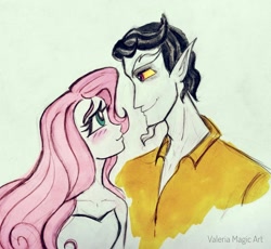 Size: 3165x2908 | Tagged: safe, artist:valeriamagicart, derpibooru import, discord, fluttershy, human, blushing, discoshy, female, humanized, looking at each other, male, shipping, straight, strapless, traditional art, younger
