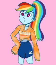 Size: 1024x1182 | Tagged: safe, artist:pettypop, derpibooru import, rainbow dash, equestria girls, clothes, hand on hip, hoodie, midriff, oversized clothes, ponytail, shorts, solo