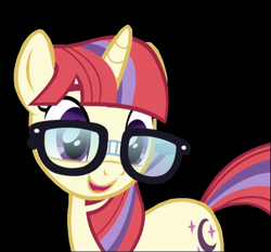 Size: 1007x940 | Tagged: safe, artist:twilyisbestpone, derpibooru exclusive, derpibooru import, moondancer, pony, unicorn, amending fences, adorkable, black background, cute, dancerbetes, dork, female, glasses, mare, open mouth, simple background, smiling, solo