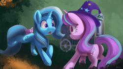 Size: 4038x2271 | Tagged: safe, artist:auroriia, derpibooru import, starlight glimmer, trixie, pony, unicorn, accessory swap, alternate hairstyle, autumn, butt, clothes, duo, duo female, female, hat, high res, leaves, mare, plot, trixie's hat