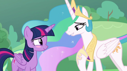 Size: 1920x1080 | Tagged: safe, derpibooru import, screencap, princess celestia, twilight sparkle, twilight sparkle (alicorn), alicorn, pony, the ending of the end, blushing