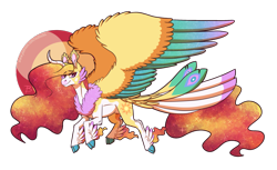 Size: 2600x1588 | Tagged: safe, artist:inuhoshi-to-darkpen, derpibooru import, princess celestia, alicorn, pony, alternate design, chest fluff, cloven hooves, colored wings, curved horn, ear fluff, ethereal mane, female, horn, hybrid wings, mare, multicolored wings, redesign, simple background, solo, starry mane, tail feathers, transparent background, unshorn fetlocks, wings