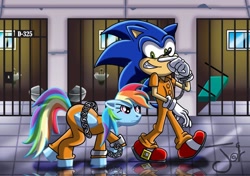 Size: 1024x720 | Tagged: safe, artist:boy-wolf, derpibooru import, rainbow dash, pegasus, pony, bashing, bound wings, chained, clothes, cuffs, jail, prison, prison outfit, prisoner rd, sonic the hedgehog, sonic the hedgehog (series), story in the comments, walking, wings