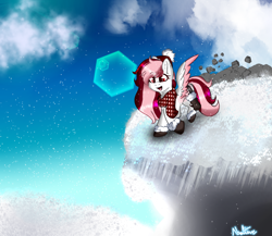 Size: 2064x1794 | Tagged: safe, artist:naaltive, derpibooru import, oc, oc:toricelli, pegasus, :d, cliff, clothes, pegasus oc, scarf, solo, wings, winter