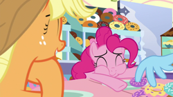 Size: 1920x1080 | Tagged: safe, derpibooru import, screencap, applejack, pinkie pie, rainbow dash, earth pony, pegasus, pony, the ending of the end, donut, eating, food, munching, wing hands, wings