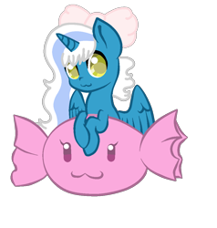 Size: 1000x1050 | Tagged: safe, artist:adoptishop, derpibooru import, oc, oc:fleurbelle, alicorn, adorabelle, alicorn oc, bow, candy, cute, female, food, golden eyes, hair bow, horn, mare, simple background, transparent background, wings