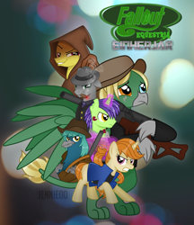 Size: 1036x1200 | Tagged: safe, artist:jennieoo, derpibooru import, oc, oc:arcturus aquila, oc:cassius aquila, oc:don crackshot, oc:dr. sprocket, oc:gale springbreeze, oc:patriarch emilius, earth pony, griffon, pony, unicorn, fallout equestria, fanfic, fanfic art, griffon oc, gun, weapon