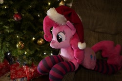 Size: 1200x800 | Tagged: safe, artist:littleshyfim, derpibooru import, pinkie pie, earth pony, pony, christmas, christmas tree, clothes, cute, hat, holiday, irl, photo, plushie, santa hat, socks, striped socks, tree