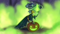 Size: 2400x1349 | Tagged: safe, artist:enderselyatdark, derpibooru import, zecora, pony, zebra, clothes, costume, fire, halloween, holiday, nightmare night, pumpkin, solo