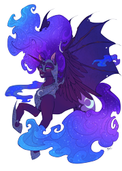 Size: 2953x4134 | Tagged: safe, artist:sourcherry, derpibooru import, nightmare moon, alicorn, pony, armor, bat wings, blushing, horn, simple background, solo, transparent background, wings