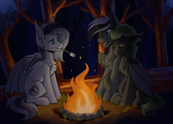 Size: 2004x1440 | Tagged: safe, artist:dark lightning, derpibooru import, oc, oc only, bat pony, pony, bat pony oc, bat wings, campfire, fire, forest, night, solo, wings