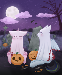 Size: 2110x2545 | Tagged: safe, artist:nekoshanka, derpibooru import, oc, oc:blinking cursor, oc:lukshana, ghost, ghost pony, pegasus, pony, undead, unicorn, background, bedsheet ghost, carving, clothes, costume, couple, cute, date, date night, gravestone, graveyard, halloween, halloween costume, holiday, illustration, moon, night, pumpkin, spooky