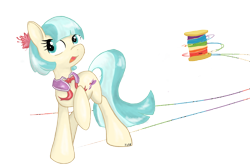 Size: 1800x1200 | Tagged: safe, alternate version, artist:1jet10, artist:jetn-in-dark, derpibooru import, coco pommel, earth pony, pony, female, rainbow thread, raised hoof, simple background, solo, thread, transparent background