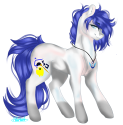 Size: 995x1010 | Tagged: safe, artist:harukah, derpibooru import, oc, oc:isaac pony, earth pony, pony, blue eyes, blue mane, cutie mark, jewelry, male, necklace, simple background, smiley face, solo, tail, transparent background