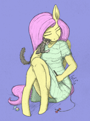 Size: 1172x1563 | Tagged: safe, artist:lef-fa, derpibooru import, fluttershy, anthro, cat, unguligrade anthro, cat toy, clothes, cropped, dress, eyes closed, female, folded wings, holding, kitten, simple background, sitting, solo, three quarter view, traditional art, wings