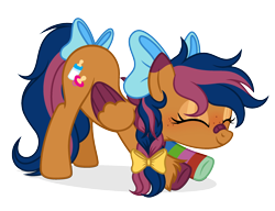 Size: 2321x1783 | Tagged: safe, artist:starshade, derpibooru import, oc, oc only, oc:solar comet, pegasus, pony, bandaid, blushing, bow, clothes, eyes closed, freckles, hair bow, simple background, socks, solo, streching, stretching, tail bow, transparent background