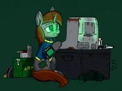 Size: 1218x914 | Tagged: safe, artist:lef-fa, derpibooru import, oc, oc only, oc:littlepip, pony, unicorn, fallout equestria, ammobox, ammunition, bag, bandage, clothes, crate, cropped, drink, female, green background, gritted teeth, gun, hacking, handgun, horn, landmine, little macintosh, looking at something, mare, pipbuck, revolver, saddle bag, screwdriver, simple background, sitting, solo, terminal, three quarter view, traditional art, vault suit, water