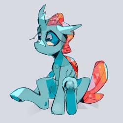 Size: 1000x1000 | Tagged: safe, artist:poneko-chan, derpibooru import, ocellus, changedling, changeling, female, frog (hoof), gray background, hoofbutt, simple background, sitting, solo, underhoof