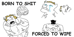 Size: 1652x820 | Tagged: safe, artist:escaped_warcriminal, derpibooru import, bulk biceps, semi-anthro, 1000 hours in ms paint, comic sans, crying, meme, ms paint, ms paint skills almost non-existent, muscles, suffering, tears of pain, toilet humor, toilet paper, toilet paper roll, vein, vein bulge, vulgar, we live in a society