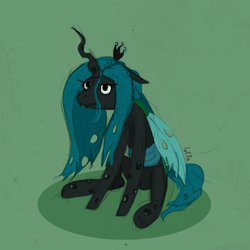 Size: 1270x1270 | Tagged: safe, artist:lef-fa, derpibooru import, queen chrysalis, changeling, changeling queen, fangs, female, floppy ears, looking at you, queen chrysalis is not amused, sitting, solo, three quarter view, traditional art, unamused, wings